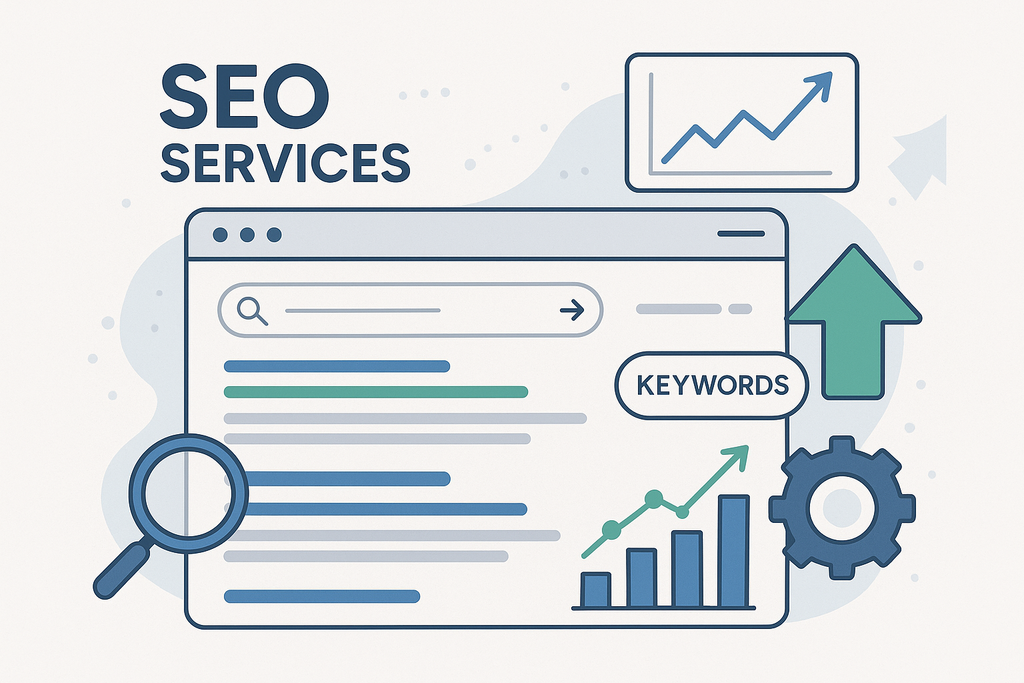 SEO Services marketing image showing website ranking higher in search results with upward trending graphs and optimization symbols